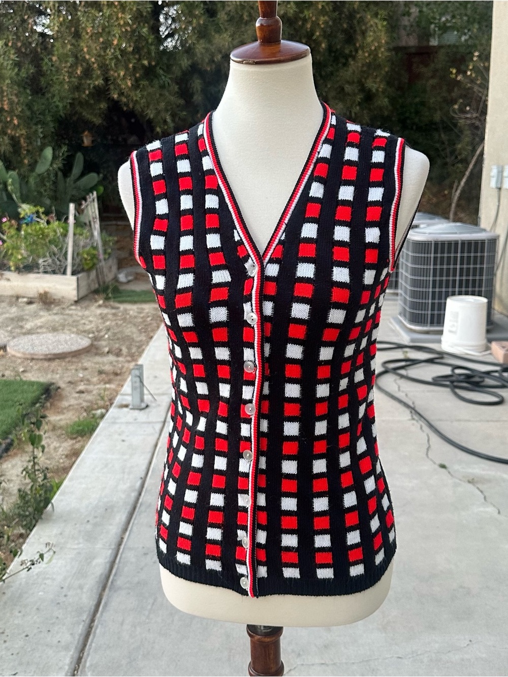 Majestic Black Red White Checker Knit Vest
